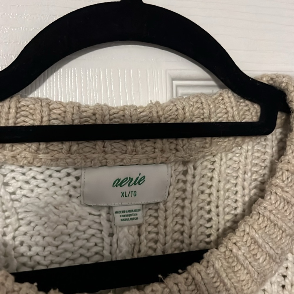 Aerie Patchwork Crew Neck Cable Knit Sweater - image 2